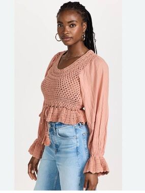 Free People Crochet Boho Top Pink Long Sleeve Open Back Tassel Size S NWT
